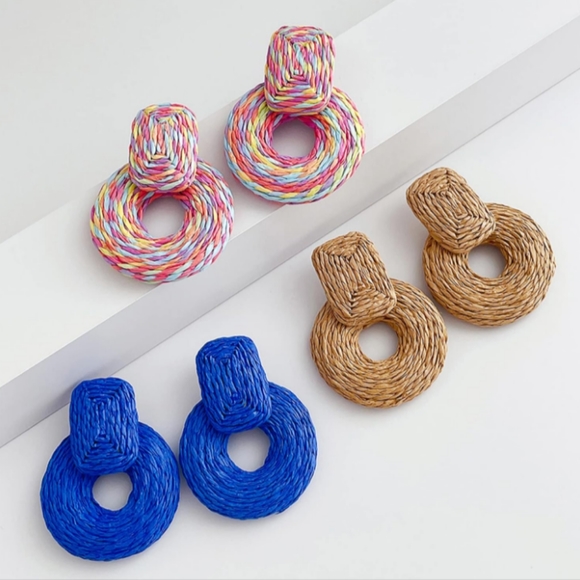 Natural Tan Raffia Rattan Earrings Wicker Door Knocker Chunky Summer Jewelry New - Picture 5 of 7